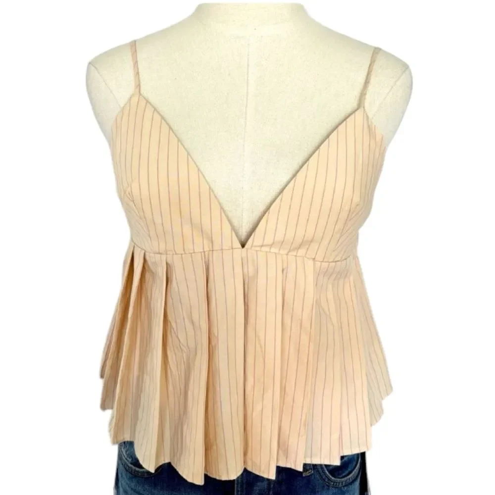 Zara Tank Top Pinstriped Crop Babydoll Peplum V Neck Straps Cotton Cream Pink S - Picture 3 of 10